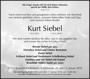 Traueranzeige von Kurt Siebel von Siegener Zeitung