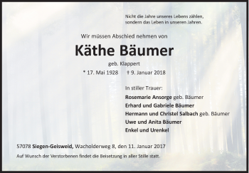 Traueranzeige von Käthe Bäumer von Siegener Zeitung