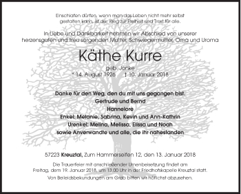 Traueranzeige von Käthe Kurre von Siegener Zeitung