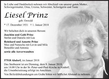 Traueranzeige von Liesel Prinz von Siegener Zeitung