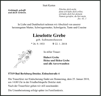Traueranzeige von Lieselotte Grebe von Siegener Zeitung