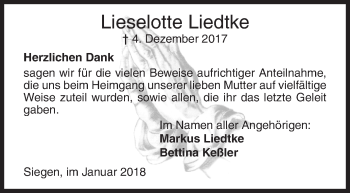 Traueranzeige von Lieselotte Liedtke von Siegener Zeitung