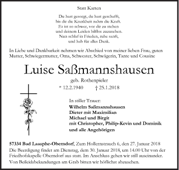 Traueranzeige von Luise Saßmannshausen von Siegener Zeitung