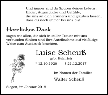 Traueranzeige von Luise Scheuß von Siegener Zeitung