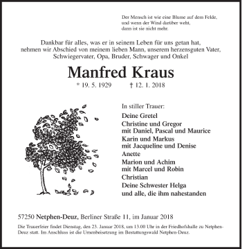 Traueranzeige von Manfred Kraus von Siegener Zeitung