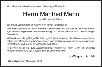 Traueranzeige von Manfred Menn von Siegener Zeitung