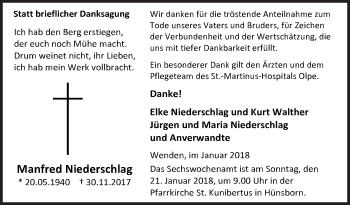 Traueranzeige von Manfred Niederschlag von Siegener Zeitung