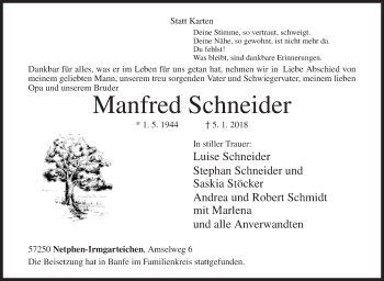 Traueranzeige von Manfred Schneider von Siegener Zeitung