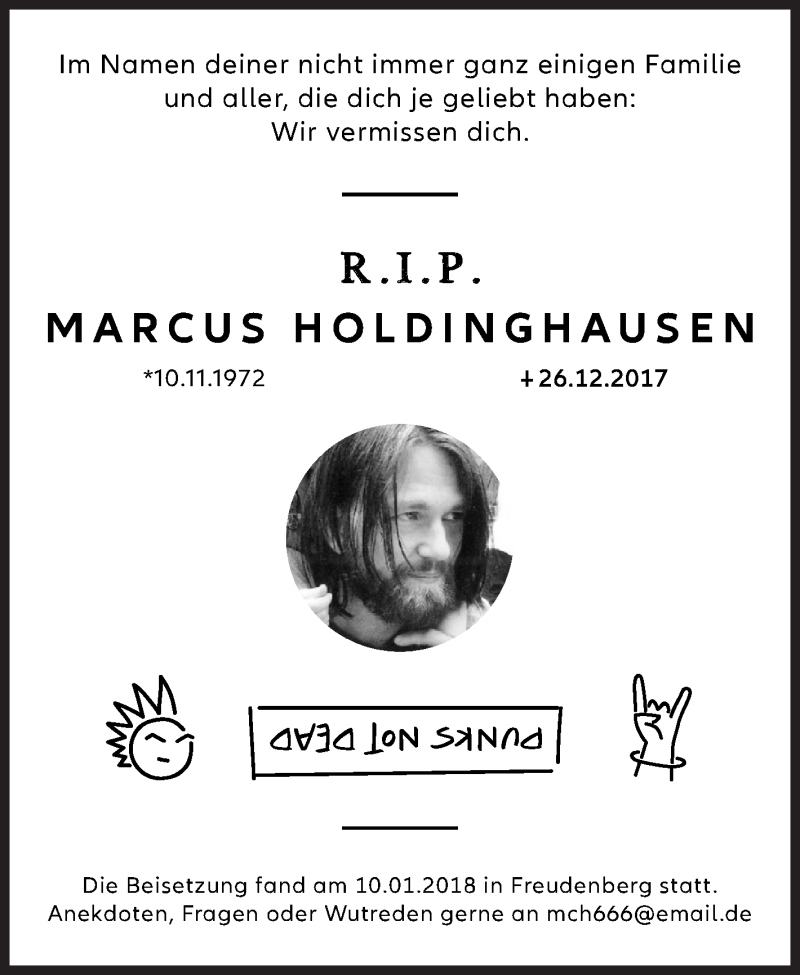  Traueranzeige für Marcus Holdinghausen vom 16.01.2018 aus Siegener Zeitung
