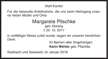 Traueranzeige von Margarete Plischke von Siegener Zeitung