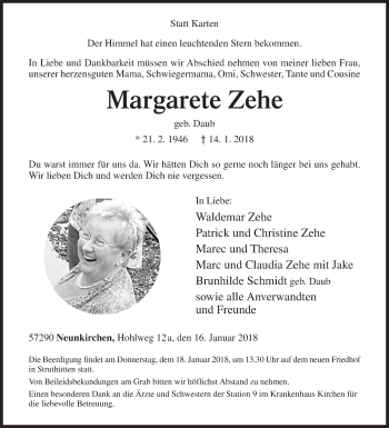 Traueranzeige von Margarete Zehe von Siegener Zeitung