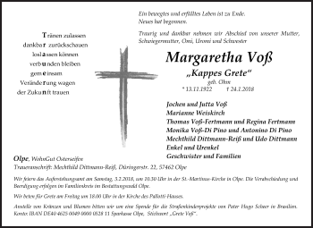 Traueranzeige von Margaretha Voß von Siegener Zeitung
