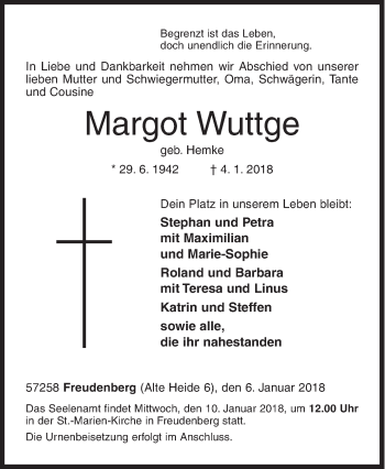 Traueranzeige von Margot Wuttge von Siegener Zeitung
