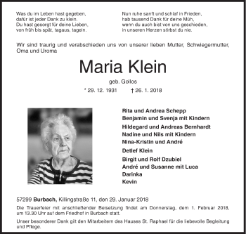 Traueranzeige von Maria Klein von Siegener Zeitung