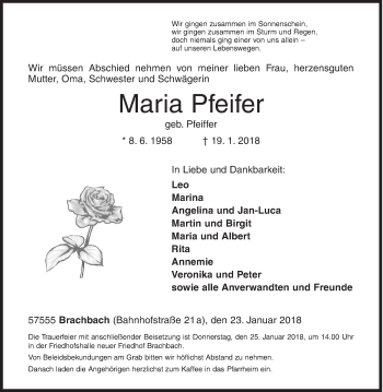 Traueranzeige von Maria Pfeifer von Siegener Zeitung