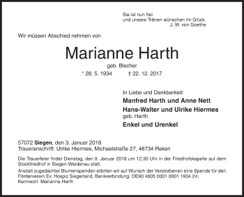 Traueranzeige von Marianne Harth von Siegener Zeitung