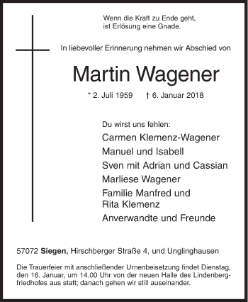 Traueranzeige von Martin Wagener von Siegener Zeitung