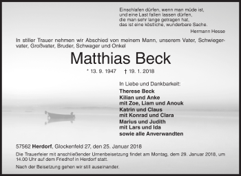 Traueranzeige von Matthias Beck von Siegener Zeitung