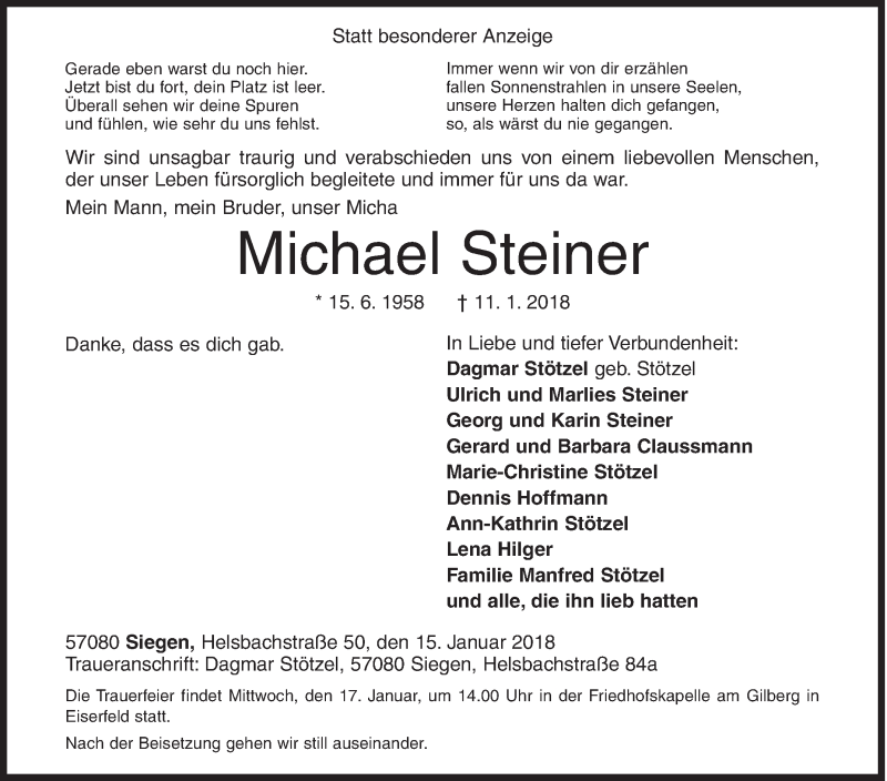  Traueranzeige für Michael Steiner vom 15.01.2018 aus Siegener Zeitung