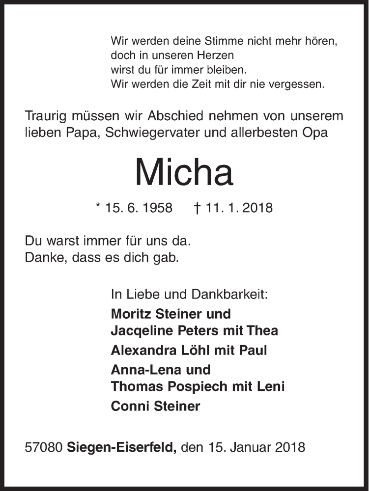  Traueranzeige für Michael Steiner vom 15.01.2018 aus Siegener Zeitung