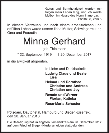 Traueranzeige von Minna Gerhard von Siegener Zeitung