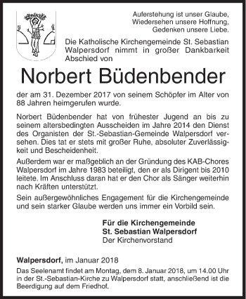 Traueranzeige von Norbert Büdenbender von Siegener Zeitung