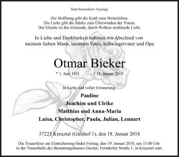 Traueranzeige von Otmar Bieker von Siegener Zeitung