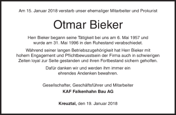 Traueranzeige von Otmar Bieker von Siegener Zeitung