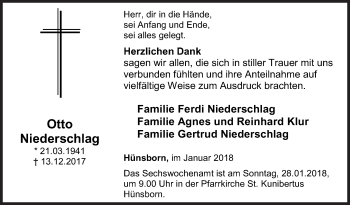 Traueranzeige von Otto Niederschlag von Siegener Zeitung