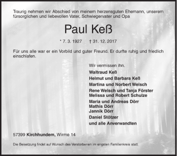 Traueranzeige von Paul Keß von Siegener Zeitung