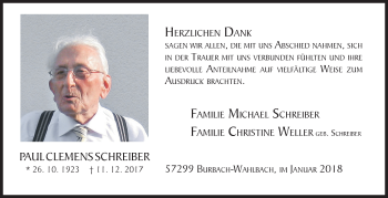 Traueranzeige von Paul Clemens Schreiber von Siegener Zeitung