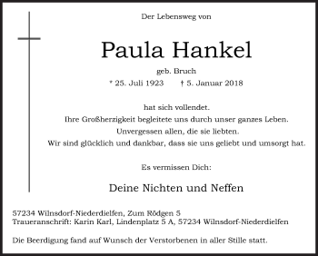 Traueranzeige von Paula Hankel von Siegener Zeitung