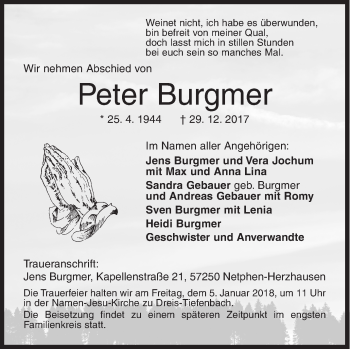 Traueranzeige von Peter Burgmer von Siegener Zeitung