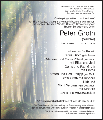 Traueranzeige von Peter Groth von Siegener Zeitung
