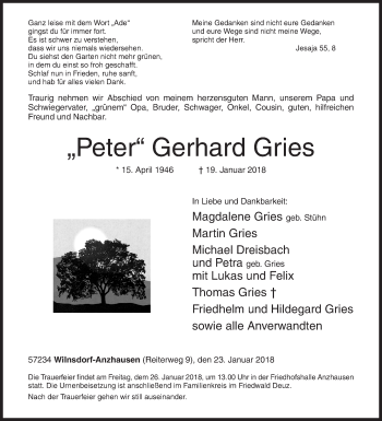 Traueranzeige von Peter Gerhard Gries von Siegener Zeitung