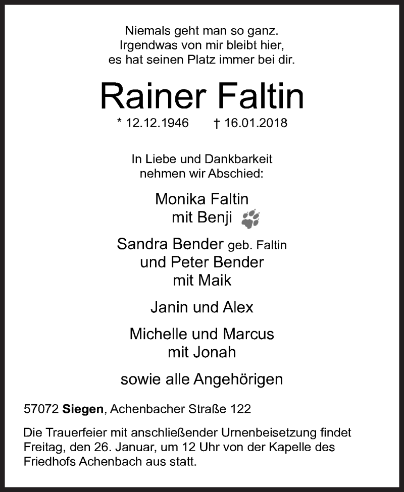  Traueranzeige für Rainer Faltin vom 20.01.2018 aus Siegener Zeitung