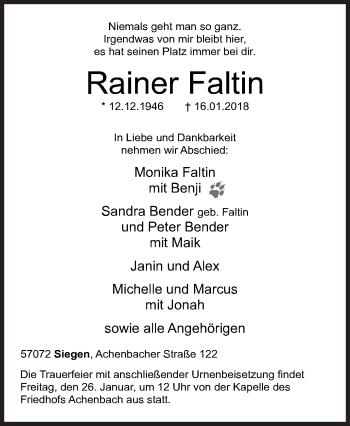 Traueranzeige von Rainer Faltin von Siegener Zeitung