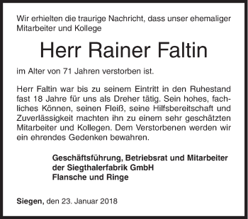 Traueranzeige von Rainer Faltin von Siegener Zeitung
