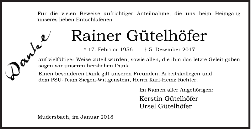  Traueranzeige für Rainer Gütelhöfer vom 27.01.2018 aus Siegener Zeitung