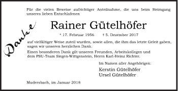 Traueranzeige von Rainer Gütelhöfer von Siegener Zeitung