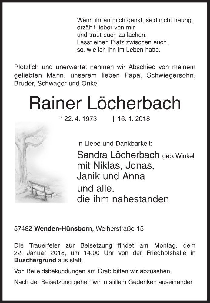  Traueranzeige für Rainer Löcherbach vom 19.01.2018 aus Siegener Zeitung