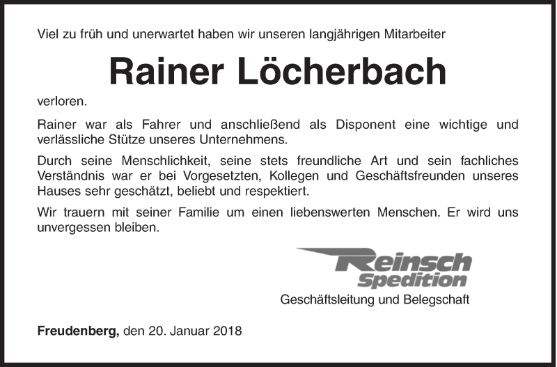  Traueranzeige für Rainer Löcherbach vom 20.01.2018 aus Siegener Zeitung