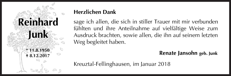  Traueranzeige für Reinhard Junk vom 27.01.2018 aus Siegener Zeitung