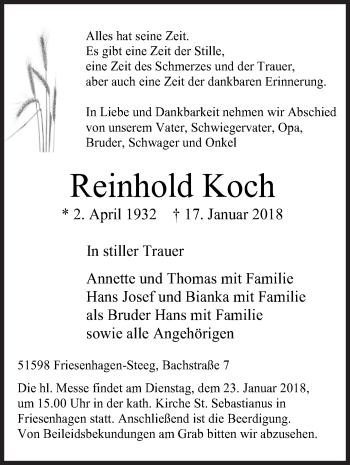 Traueranzeige von Reinhold Koch von Siegener Zeitung