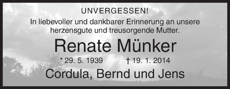  Traueranzeige für Renate Münker vom 19.01.2018 aus Siegener Zeitung
