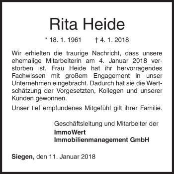 Traueranzeige von Rita Heide von Siegener Zeitung