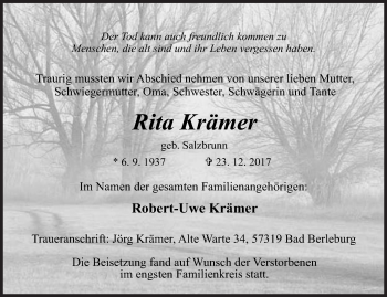 Traueranzeige von Rita Krämer von Siegener Zeitung
