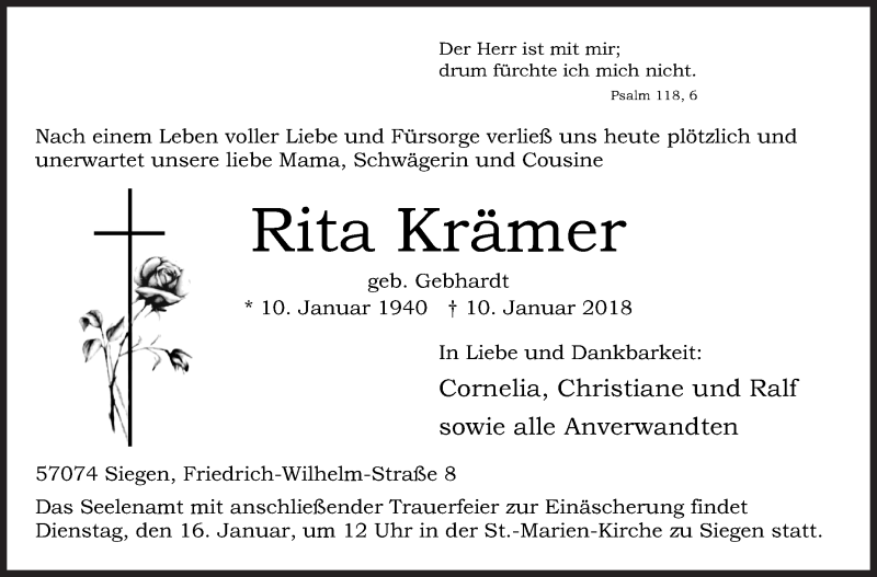  Traueranzeige für Rita Krämer vom 13.01.2018 aus Siegener Zeitung