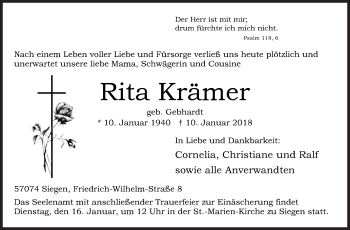 Traueranzeige von Rita Krämer von Siegener Zeitung
