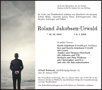 Traueranzeige von Roland Jakobs-Urwald von Siegener Zeitung